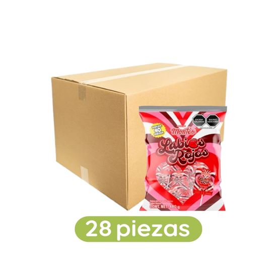 Imagen de Paleta de caramelo sabor cereza en forma de corazones Montes Labios Rojos caja con 28 bolsas de 480g c/u