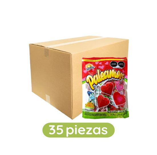 Imagen de Paletas de caramelo macizo acidulado sabor sandía Montes Paleamor caja con 35 pzas de 320g c/u