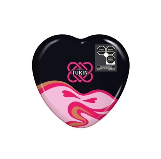 Imagen de Chocolates con leche con relleno de ganache de chocolate con leche y sabor avellana Turín caja corazón metálico San Valentín 100g