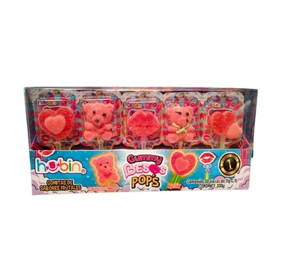 Imagen de Paletas de gomita con palito luminoso Hubin Gummy Besos Pop’s 30 pzas de 11g c/u (330g)