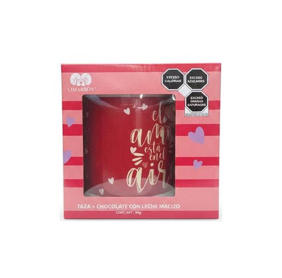 Imagen de Taza San Valentín con diseño de frase “el amor está en el aire” + 40g de chocolate Cimarrón