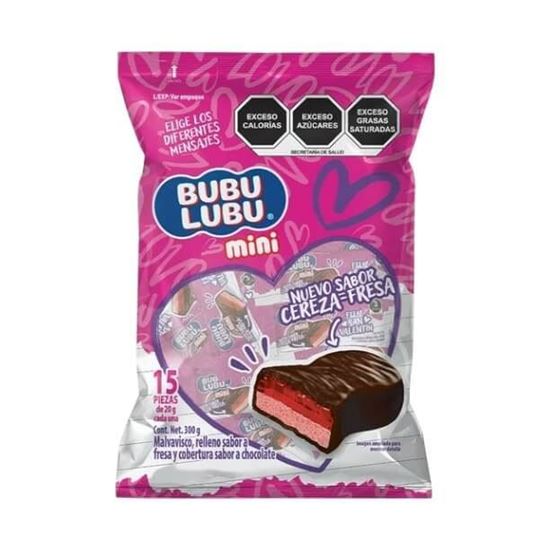 Imagen de Malvavisco relleno sabor cereza-fresa cubierto con chocolate Ricolino Bubulubu Mini San Valentín 15 pzas de 20g c/u (300g)