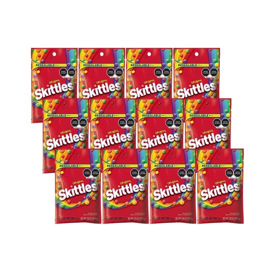 Imagen de Caramelo suave confitado sabores frutales Skittles Original caja con 12 bolsas de 204.1g c/u (2.44kg)