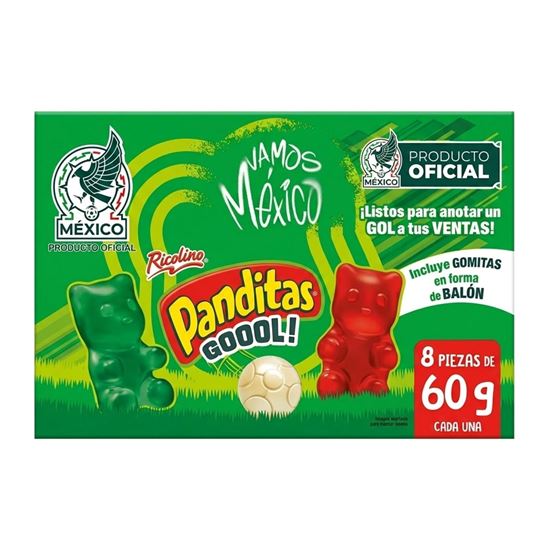Imagen de Gomitas edición especial mundialista Ricolino Panditas GOOOL! caja con 8 pzas de 60g c/u (480g)