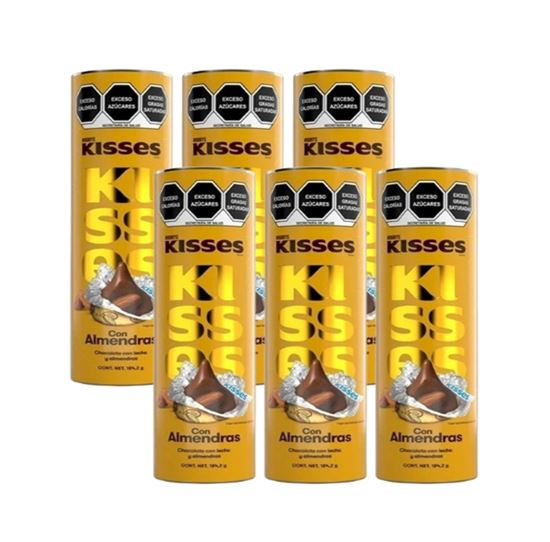 Imagen de Chocolate con leche y almendras Hershey’s Kisses en tubo caja con 6 pzas de 184.2g c/u (1.105g)