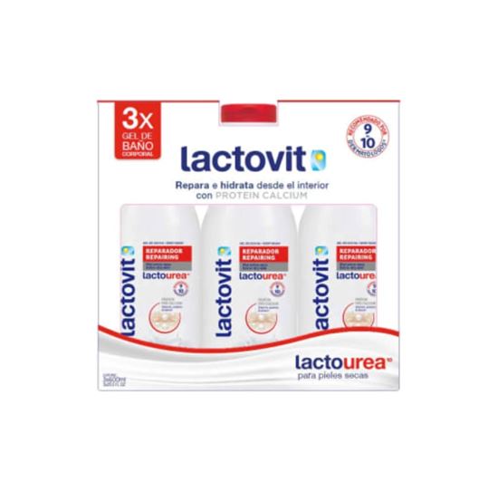 Imagen de Gel de baño corporal reparador para piel extra-seca Lactovit Lactourea caja con 3 botellas de 600ml c/u