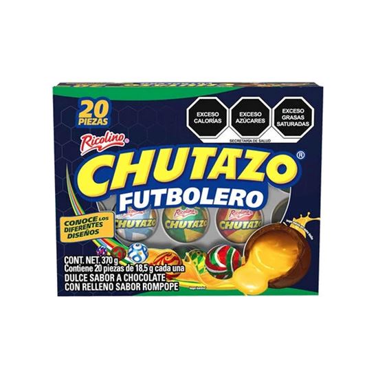 Imagen de Chocolate de balón con relleno sabor rompope Ricolino Chutazo Futbolero 20 pzas (370g)