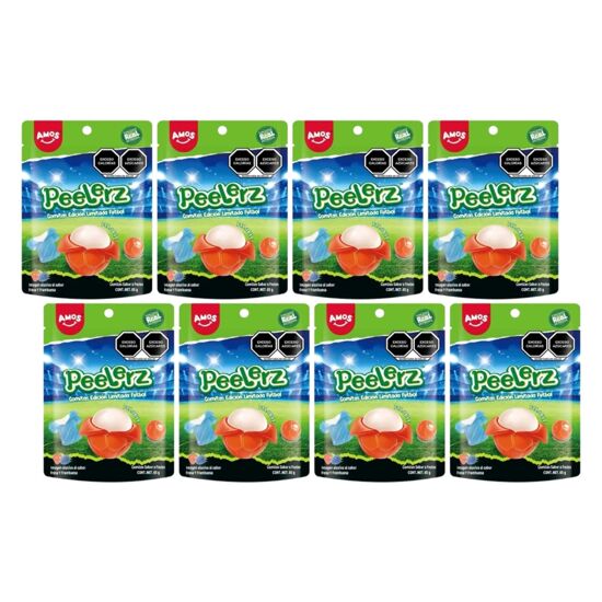 Imagen de Gomitas pelables sabor frutas edición limitada futbol Amos Peelerz caja con 8 pzas de 65g c/u (520g)