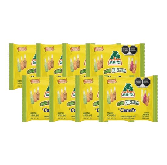 Imagen de Gomitas aciduladas y azucaradas sabores frutales Canel's Jarritos Sour Gummies caja con 8 bolsas de 50g c/u (400g)