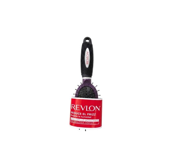 Imagen de Mini cepillo acolchado color morado con tecnología iónica que reduce el frizz y retiene la humedad Revlon