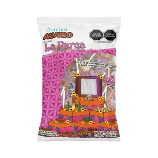 Imagen de Paletas de caramelo sabor tutti-frutti en forma de calavera Dulces ALVBRO La Parca 40 pzas (560g)