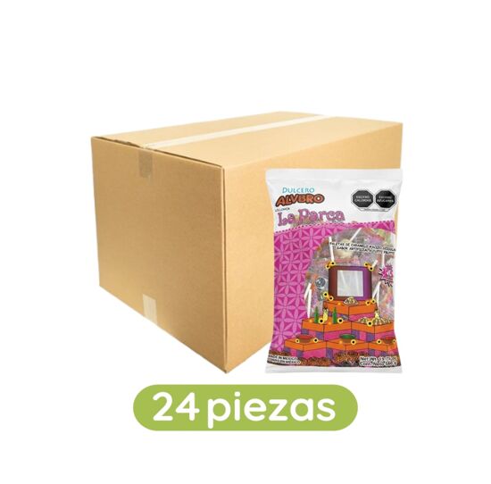Imagen de Paleta de caramelo macizo acidulado sabor artificial a tutti frutti Dulces Alvbro La Parca caja con 24 pzas de 560g c/u
