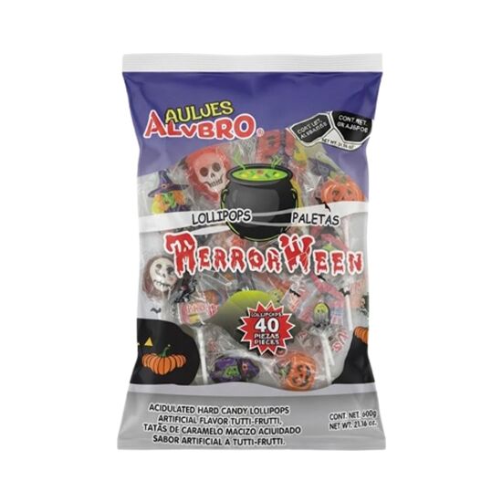 Imagen de Paleta de caramelo macizo acidulado sabor artificial a tutti frutti Dulces Alvbro Terror Ween 40 pzas (640g)