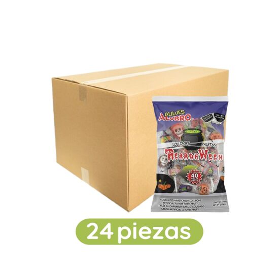 Imagen de Paleta de caramelo macizo acidulado sabor artificial a tutti frutti Dulces Alvbro Terror Ween caja con 24 pzas de 640g c/u