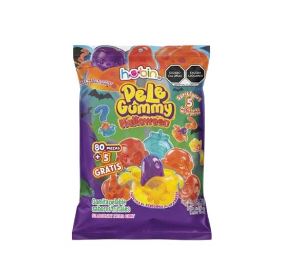 Imagen de Gomita pelable sabores frutales Hubin Pele Gummy Halloween bolsa resellable 85 pzas de aprox. 5g c/u (425g)