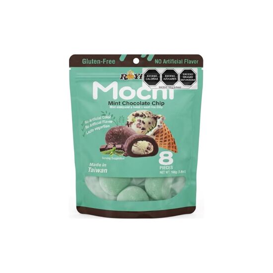 Imagen de Pastelito japonés de arroz con relleno sabor menta con chispas de chocolate Royal Family Mochi 8 pzas (120g)