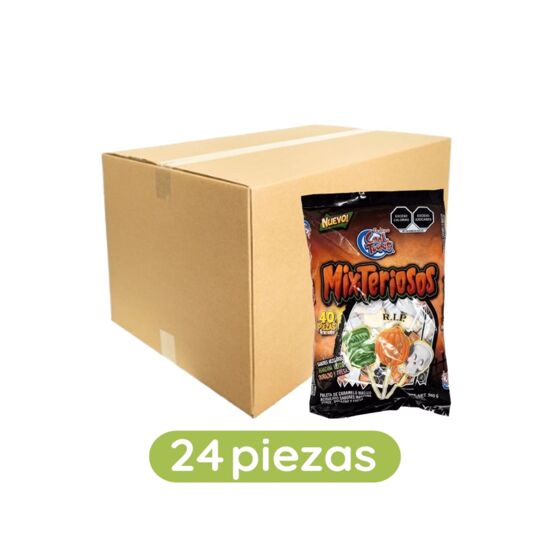 Imagen de Paletas de caramelo sabores manzana, durazno y fresa figuras Halloween Dulces Cool Toons Mix-Teriosos caja con 24 bolsas de 560g c/u