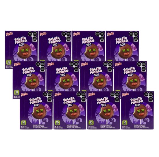 Imagen de Malvavisco con cobertura sabor a chocolate y gomitas sabor fresa-lychee y manzana verde Paleta Payaso Boo caja con 12 pzas de 435g c/u