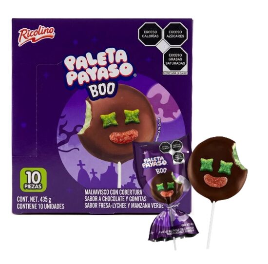 Imagen de Malvavisco con cobertura sabor a chocolate y gomitas sabor fresa-lychee y manzana verde Paleta Payaso Boo 10 pzas de 43.5g c/u (435g)
