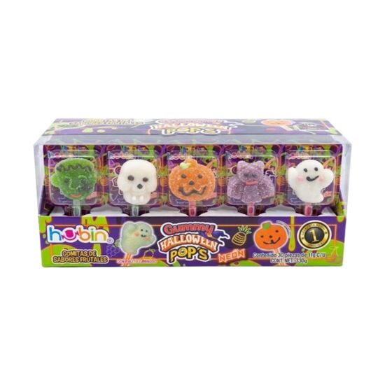 Imagen de Paletas de gomita con palito luminoso Hubin Gummy Halloween Pop's Neón 30 pzas de 11g c/u (330g)