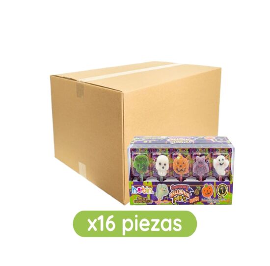Imagen de Paletas de gomita con palito luminoso Hubin Gummy Halloween Pop's Neón caja con 16 pzas de 330g c/u