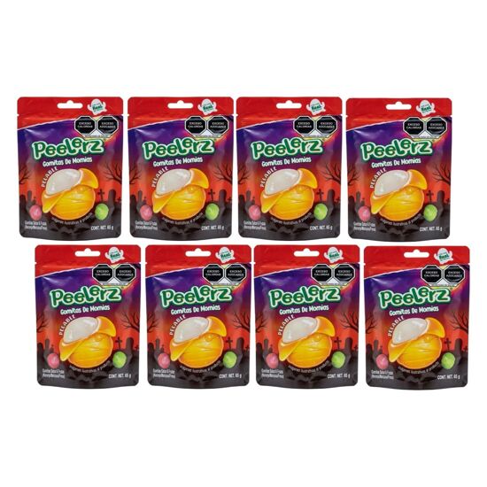 Imagen de Gomitas pelables sabores frutales (naranja, manzana y fresa) Amos Peelerz caja con 8 pzas de 65g c/u (520g)