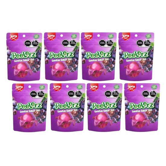 Imagen de Gomitas pelables sabor uva Amos Peelerz caja con 8 pzas de 65g c/u (520g)