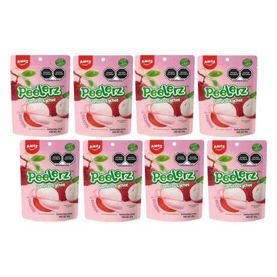 Imagen de Gomitas pelables sabor lichi Amos Peelerz caja con 8 pzas de 65g c/u (520g)
