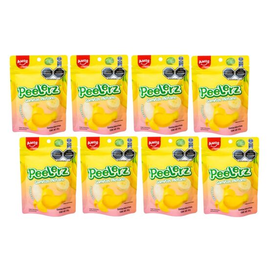 Imagen de Gomitas pelables sabor plátano Amos Peelerz caja con 8 pzas de 65g c/u (520g)