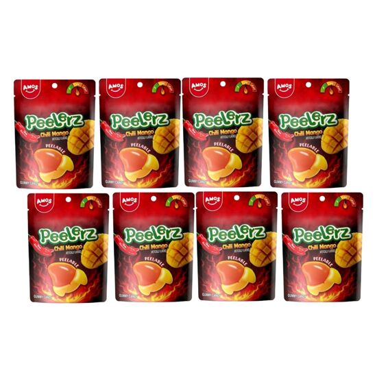 Imagen de Gomitas pelables sabor mango picante Amos Peelerz caja con 8 pzas de 65g c/u (520g)