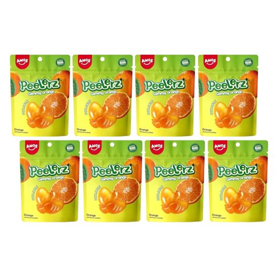 Imagen de Gomitas pelables sabor naranja Amos Peelerz caja con 8 pzas de 65g c/u (520g)