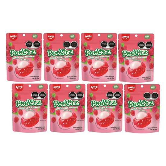 Imagen de Gomitas pelables sabor frambuesa Amos Peelerz caja con 8 pzas de 65g c/u (520g)