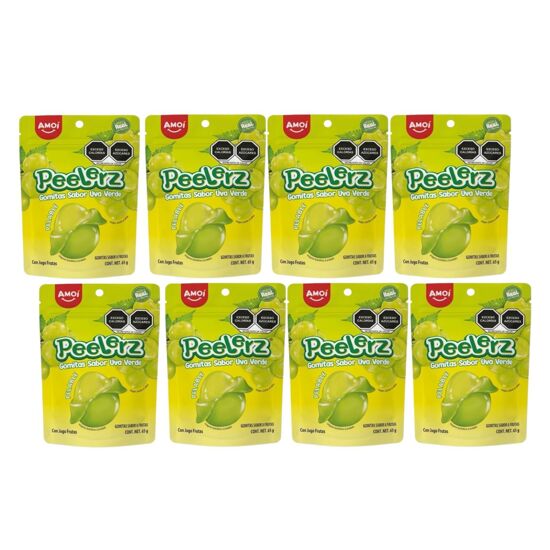 Imagen de Gomitas pelables sabor uva verde Amos Peelerz caja con 8 pzas de 65g c/u (520g)